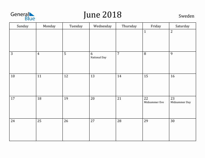 June 2018 Calendar Sweden