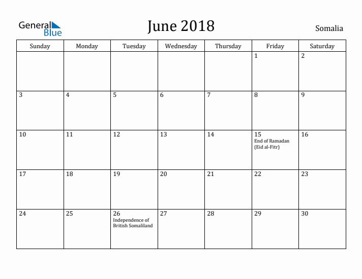 June 2018 Calendar Somalia