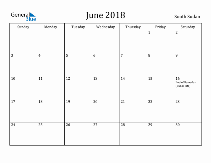 June 2018 Calendar South Sudan
