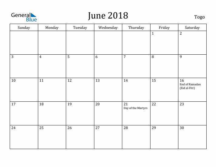 June 2018 Calendar Togo