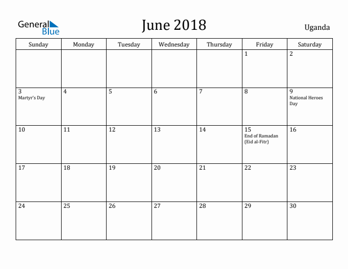 June 2018 Calendar Uganda