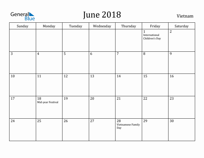 June 2018 Calendar Vietnam
