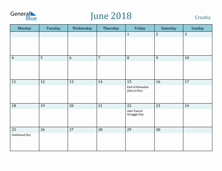 June 2018 Calendar with Holidays