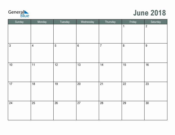 Free Printable June 2018 Calendar