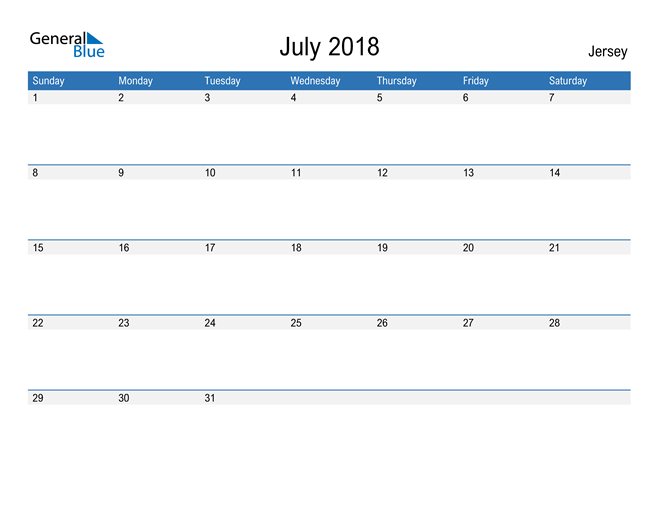 July 2018 Calendar With Jersey Holidays