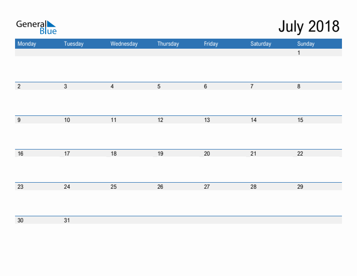 Fillable Calendar for July 2018