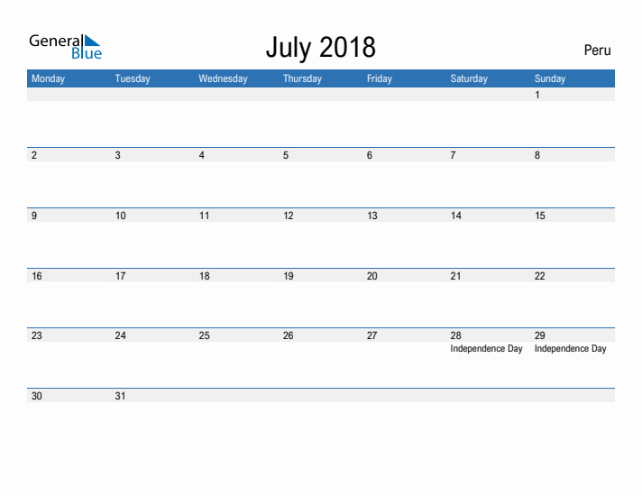 Fillable July 2018 Calendar