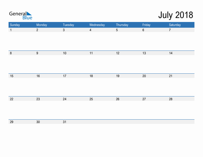 Fillable Calendar for July 2018