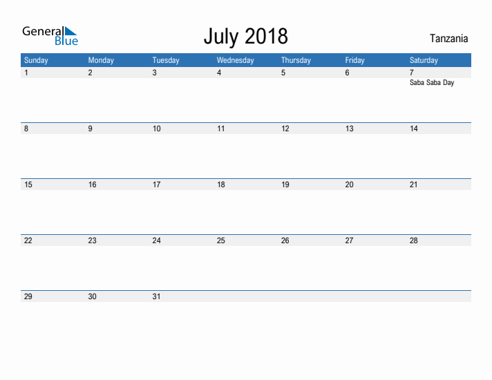 Fillable July 2018 Calendar