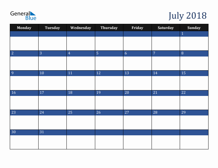 Monday Start Calendar for July 2018