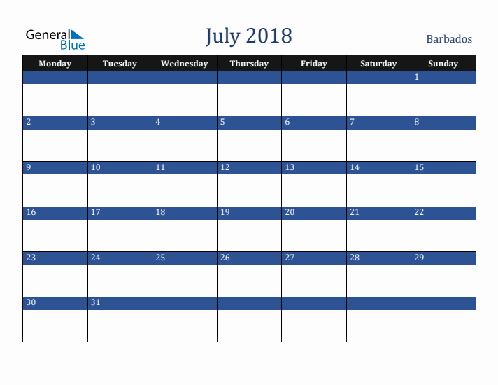 July 2018 Barbados Calendar (Monday Start)
