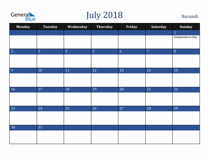 July 2018 Burundi Calendar (Monday Start)