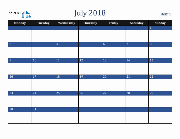 July 2018 Benin Calendar (Monday Start)
