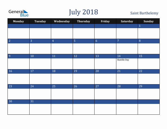 July 2018 Saint Barthelemy Calendar (Monday Start)