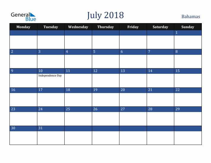 July 2018 Bahamas Calendar (Monday Start)