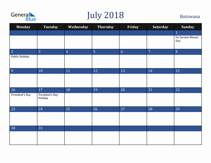 July 2018 Botswana Calendar (Monday Start)