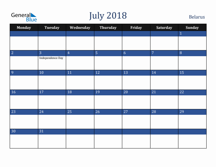 July 2018 Belarus Calendar (Monday Start)
