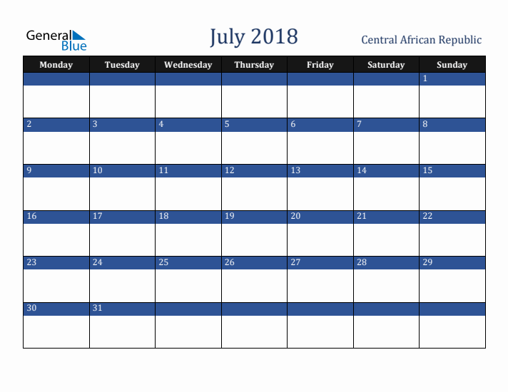 July 2018 Central African Republic Calendar (Monday Start)