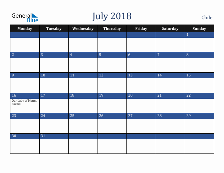 July 2018 Chile Calendar (Monday Start)