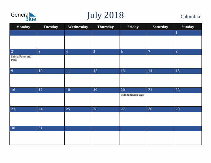 July 2018 Colombia Calendar (Monday Start)