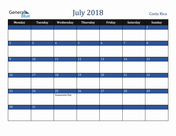 July 2018 Costa Rica Calendar (Monday Start)