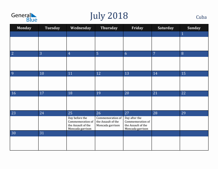 July 2018 Cuba Calendar (Monday Start)