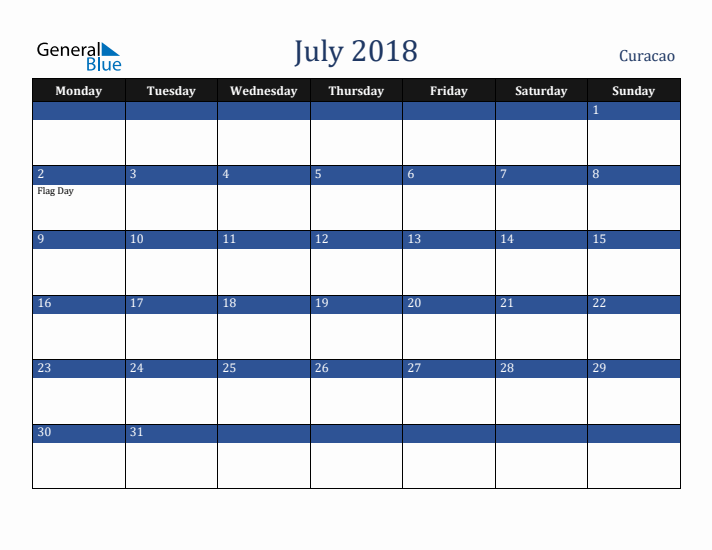 July 2018 Curacao Calendar (Monday Start)