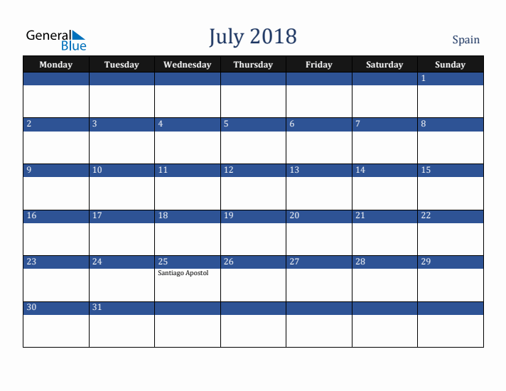 July 2018 Spain Calendar (Monday Start)