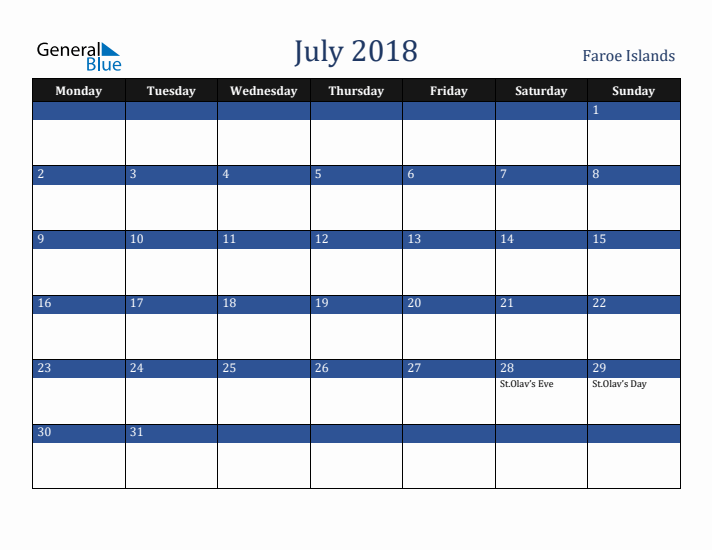 July 2018 Faroe Islands Calendar (Monday Start)