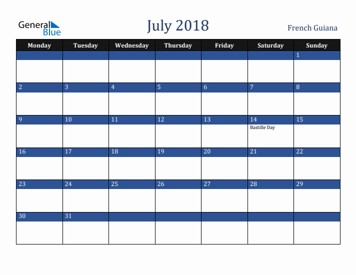 July 2018 French Guiana Calendar (Monday Start)