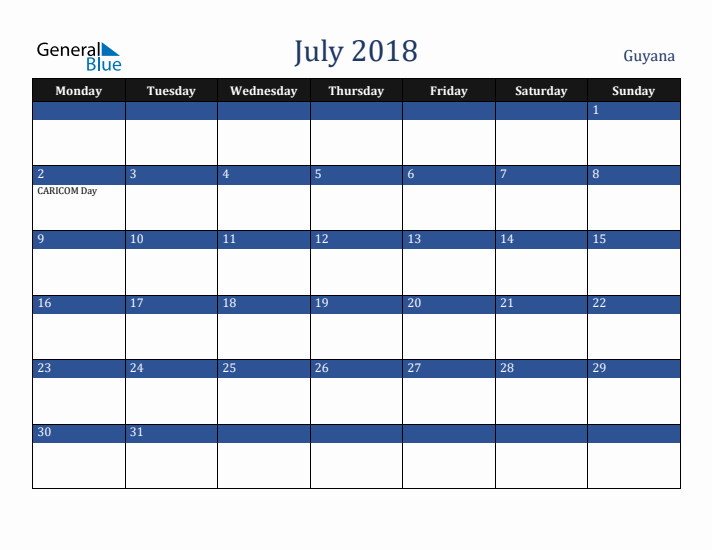 July 2018 Guyana Calendar (Monday Start)