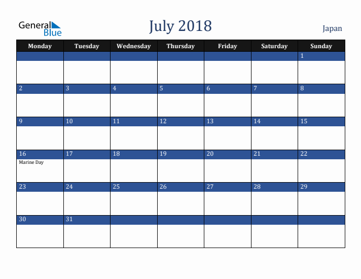 July 2018 Japan Calendar (Monday Start)
