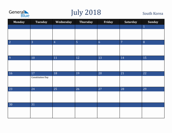 July 2018 South Korea Calendar (Monday Start)