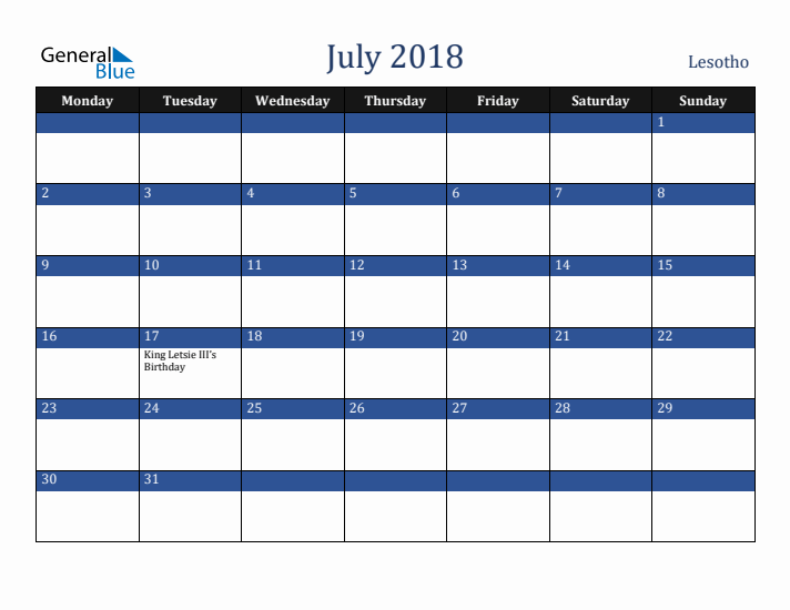 July 2018 Lesotho Calendar (Monday Start)
