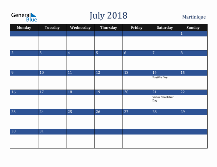 July 2018 Martinique Calendar (Monday Start)
