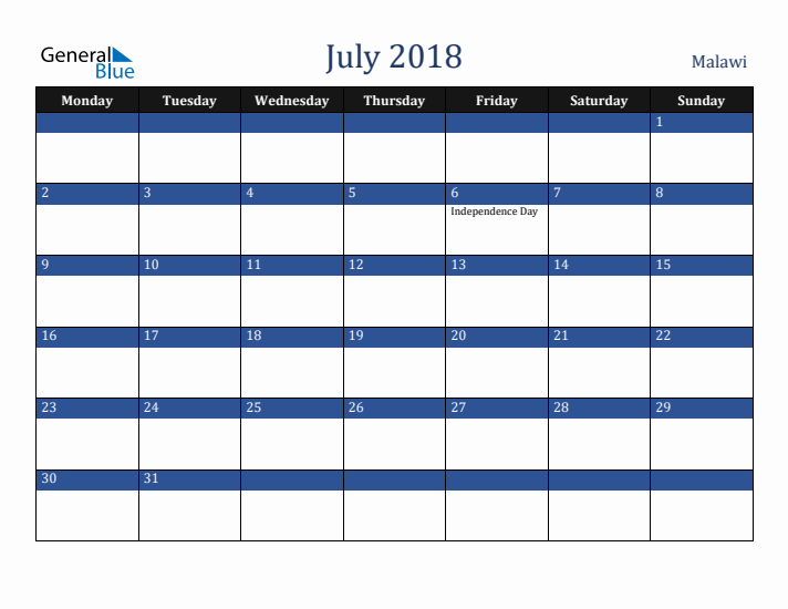 July 2018 Malawi Calendar (Monday Start)