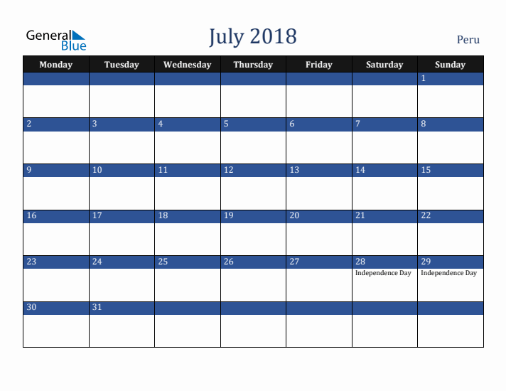 July 2018 Peru Calendar (Monday Start)