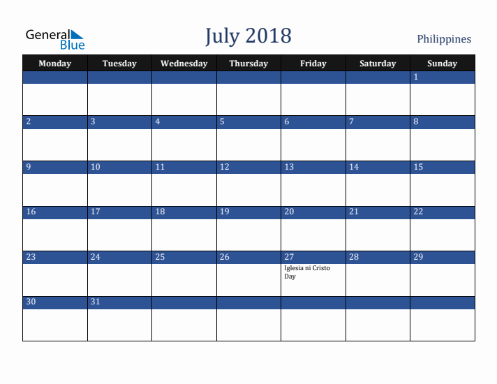 July 2018 Philippines Calendar (Monday Start)