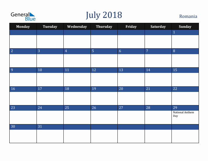 July 2018 Romania Calendar (Monday Start)
