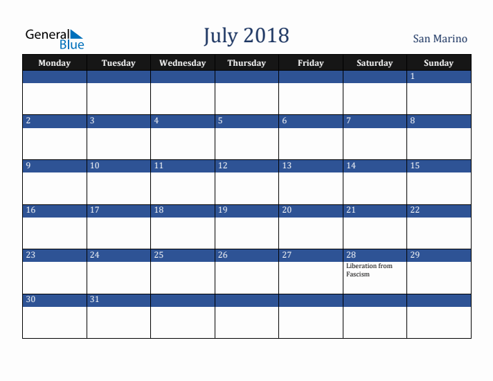 July 2018 San Marino Calendar (Monday Start)