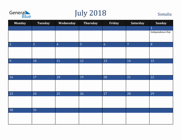 July 2018 Somalia Calendar (Monday Start)