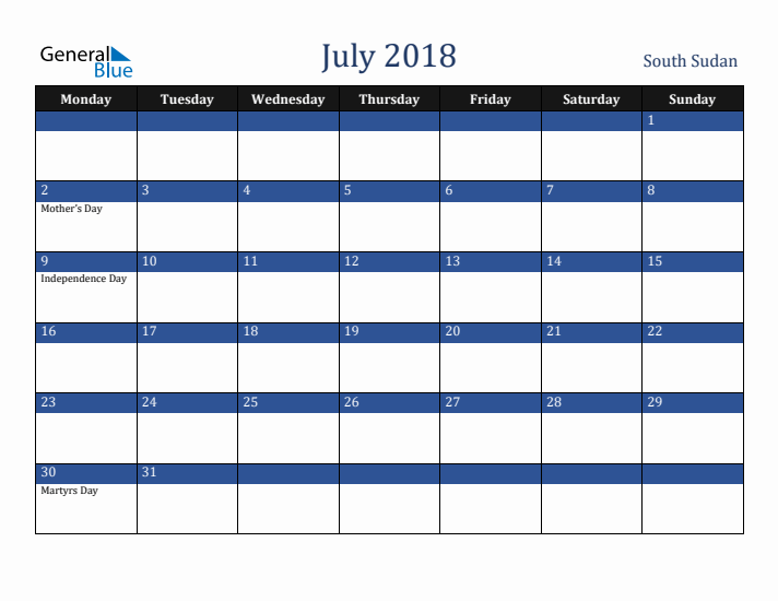 July 2018 South Sudan Calendar (Monday Start)