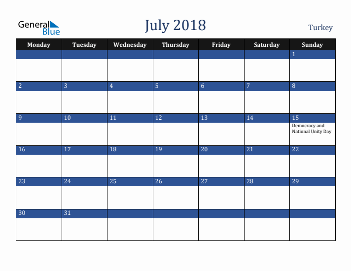 July 2018 Turkey Calendar (Monday Start)