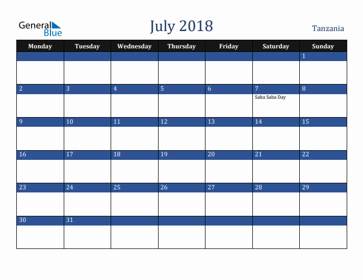 July 2018 Tanzania Calendar (Monday Start)