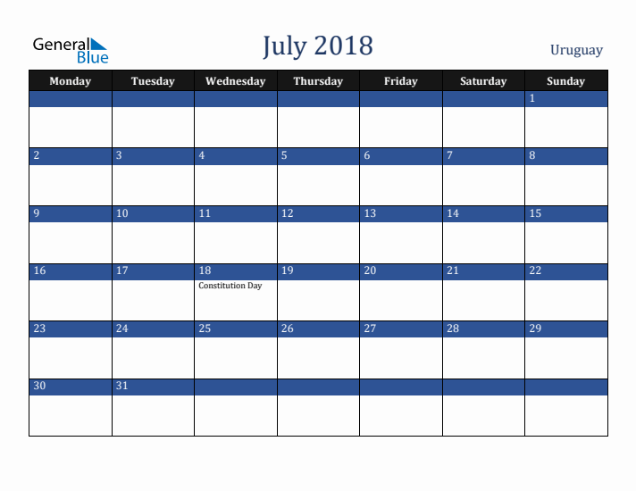 July 2018 Uruguay Calendar (Monday Start)