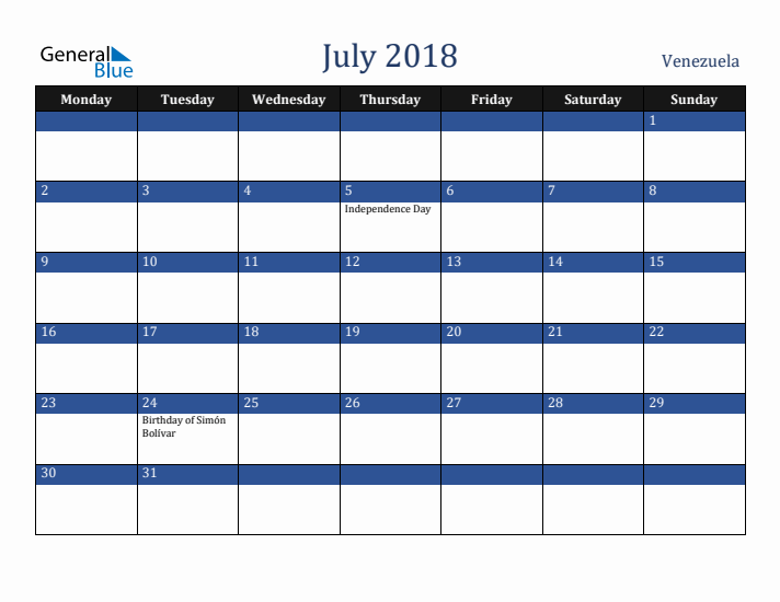 July 2018 Venezuela Calendar (Monday Start)