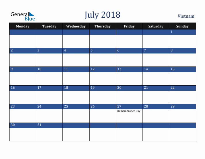 July 2018 Vietnam Calendar (Monday Start)