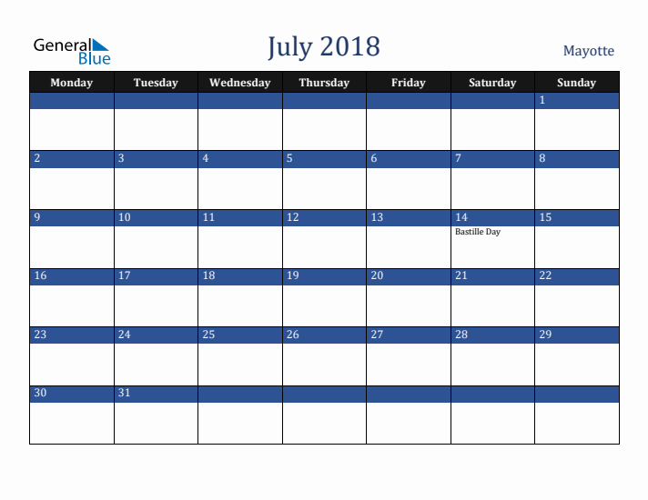 July 2018 Mayotte Calendar (Monday Start)