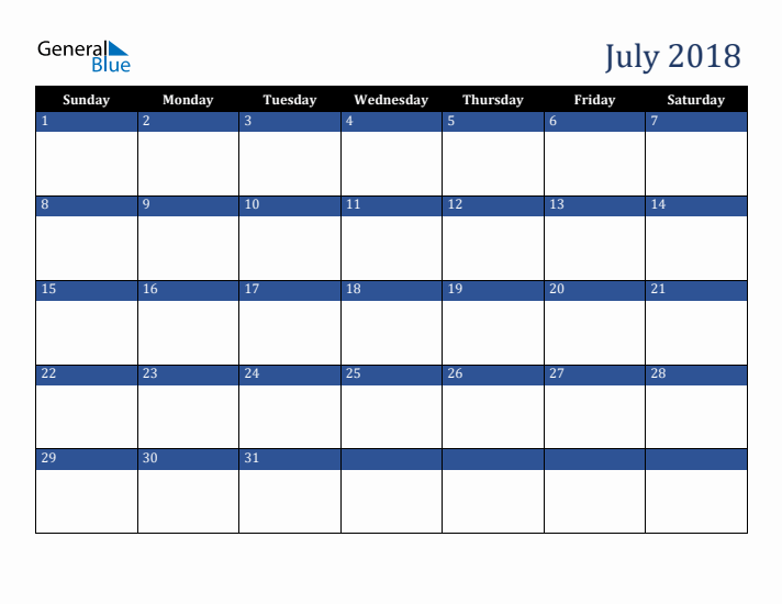 Sunday Start Calendar for July 2018