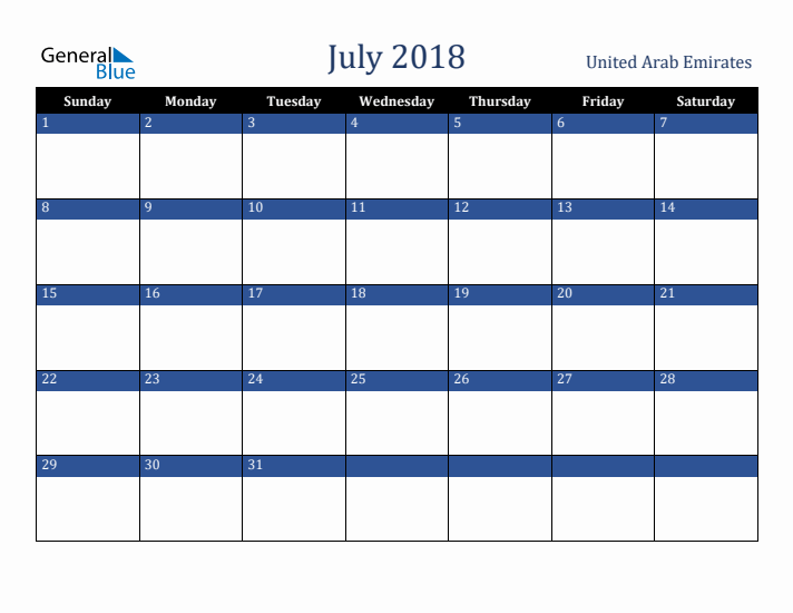 July 2018 United Arab Emirates Calendar (Sunday Start)